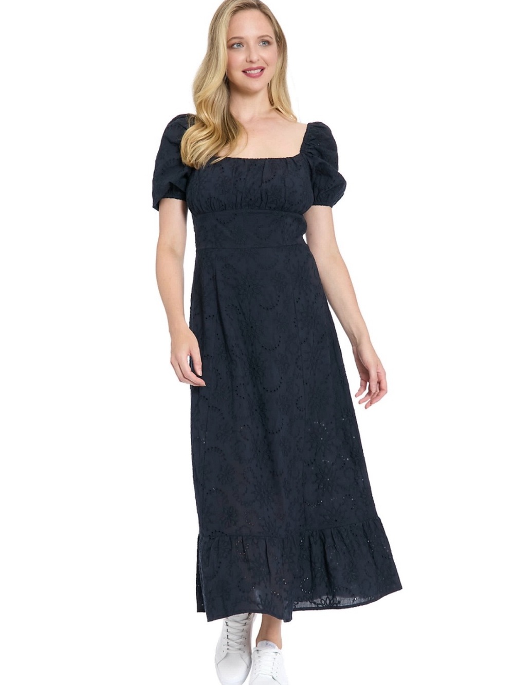 NWT London Times navy blue eyelet midi cotton dress